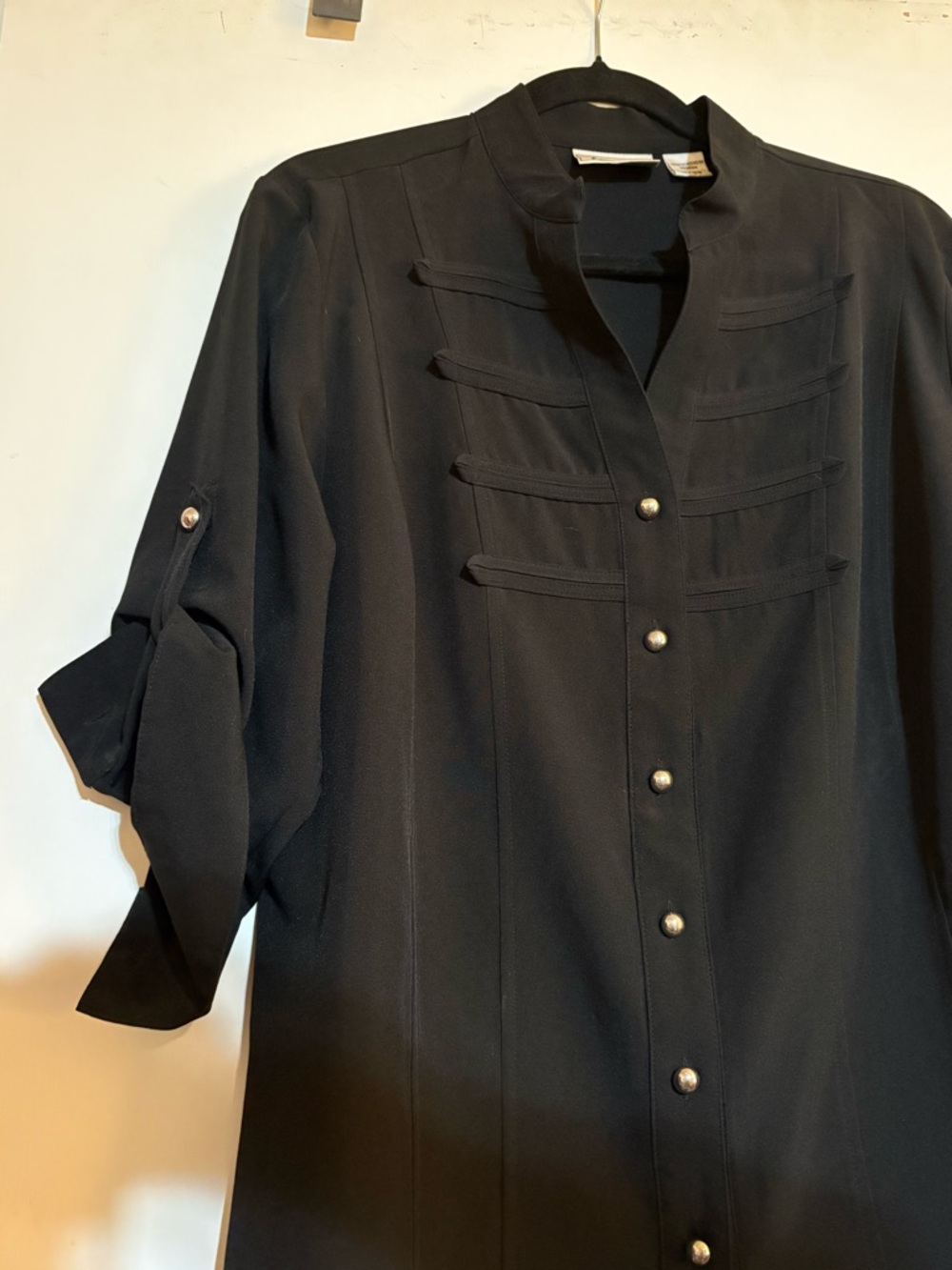 Sophisticated Black Military-Style Button Front “stretch” Blouse/topper 14/16W